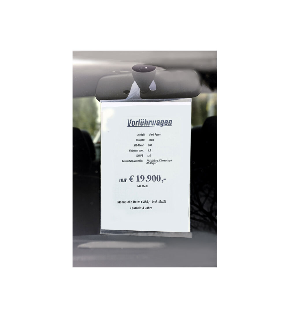  Preisblatthalter DIN A4 - Hochformat,  mit Haken für Innenspiegelbefestigung, Polycarbonat  