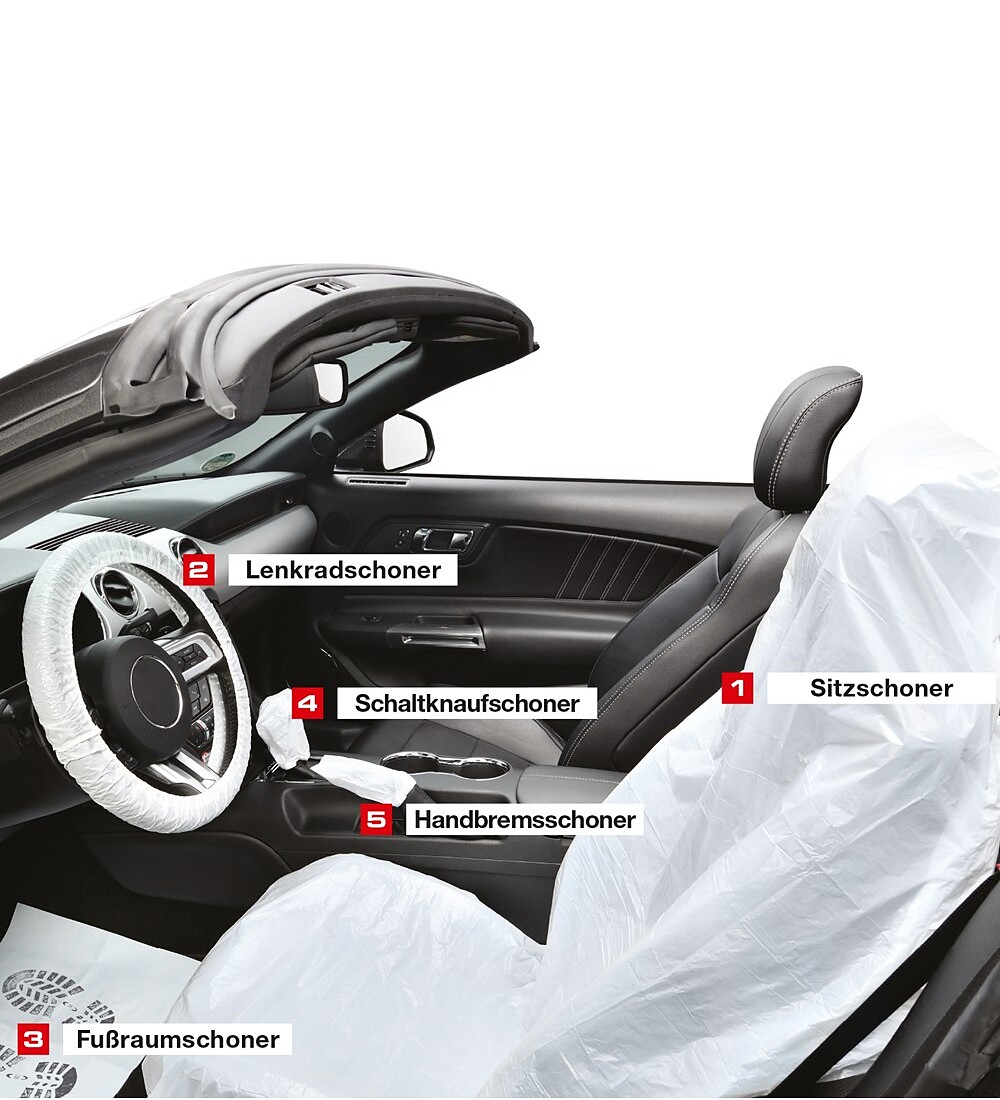 CLEAN SET&nbsp;f�r PKW, Einweg-Fahrzeugsschoner Set, 100 Sets 5-teilig, je Set einzeln in Beutel verpackt