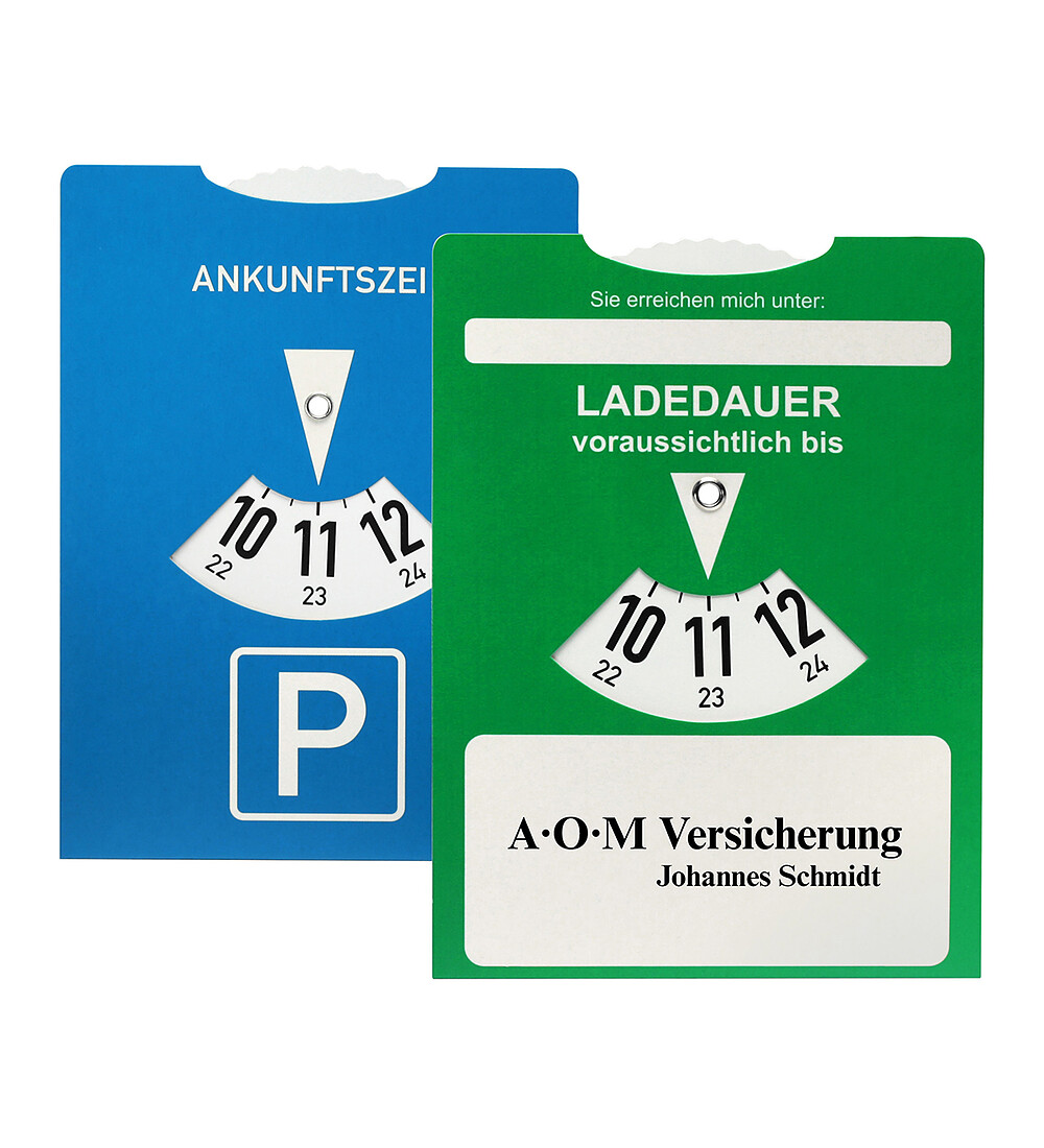 Karton-Parkscheibe mit Ladedaueranzeige - mit Werbeanbringung