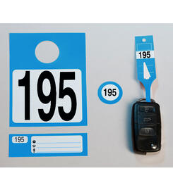 Leitzahl-Kennzeichnungsset Nr. 1-300 - 4-teilig: Schlüsselanhänger, Spiegelanhänger, Auftragsnummer, Kundenbeleg