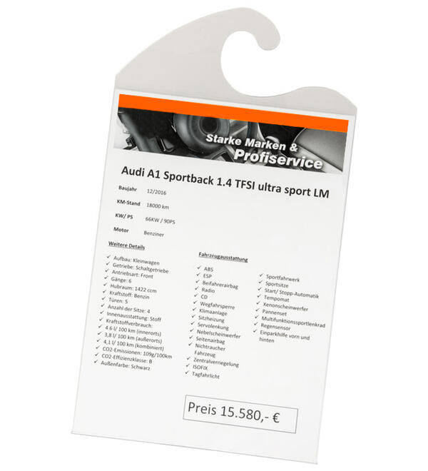  PREMIUM-Preisblatthalter Clip UP A4 Hochformat mit Haken für Innenspiegel, Polycarbonat 