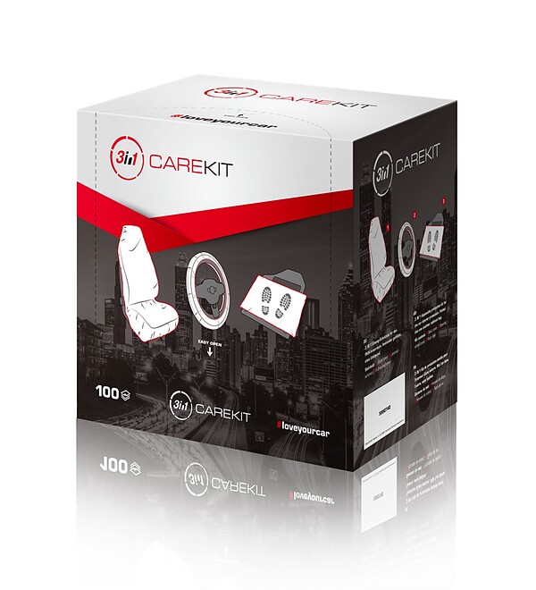 CARE KIT&nbsp;f�r PKW, Einweg-Schoner Set, 100 Sets, 3-teilig, je Set in Fu�raum-Schutzmatte gefaltet 