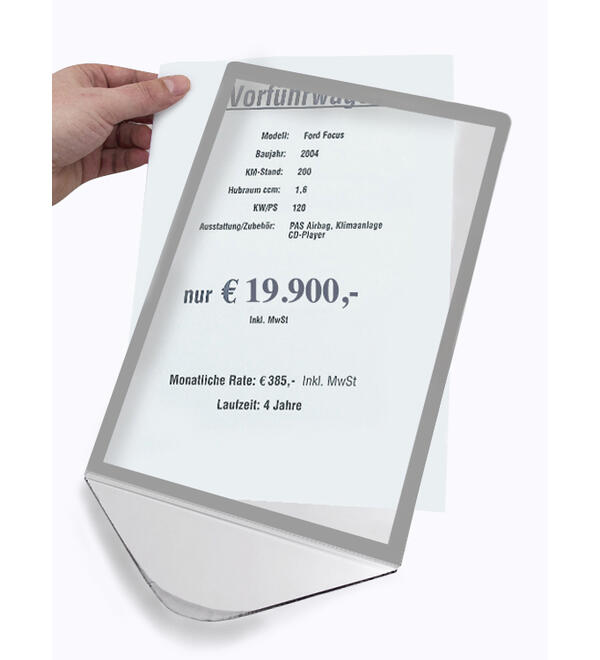 Preisblatthalter DIN A4 - Hochformat,  mit silbernen Rahmen,  Steckversion, Polycarbonat 