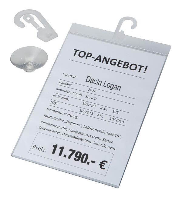 Preisblatthalter KOMBI-SET - DIN A4 - Hochformat mit Haken und Saugnapf, Polycarbonat  